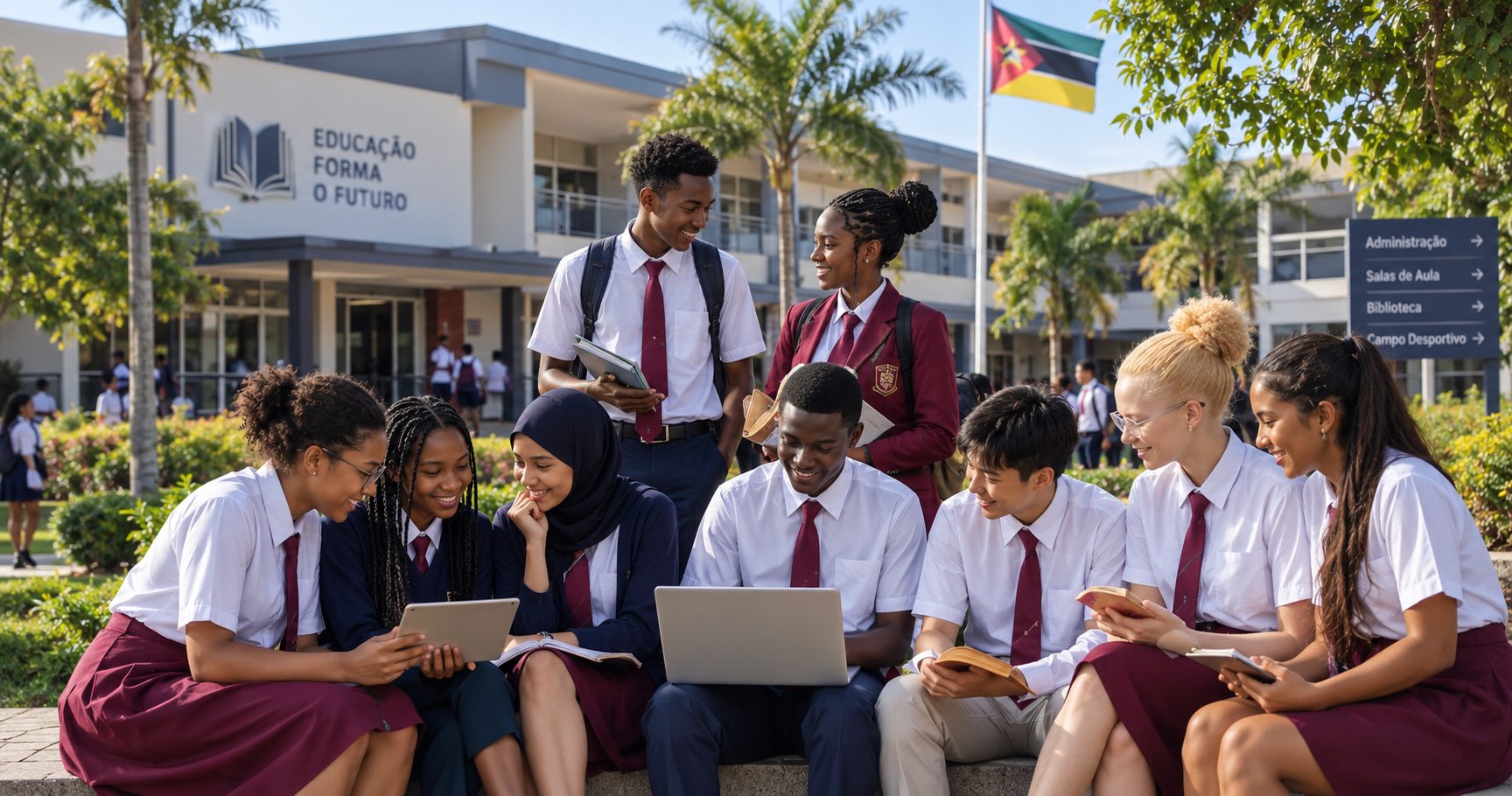 Grupo multicultural de alunas e alunos uniformizados a estudar com portátil e tablet em frente a uma escola moçambicana, com a bandeira de Moçambique ao fundo